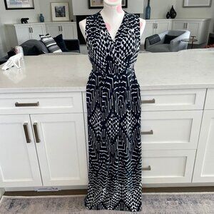 Mario Serrani Italy Slvless V Nk Faux Wrap Geo Print Maxi Dress Navy Sz M